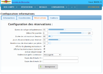configuration réservation aéroclub 