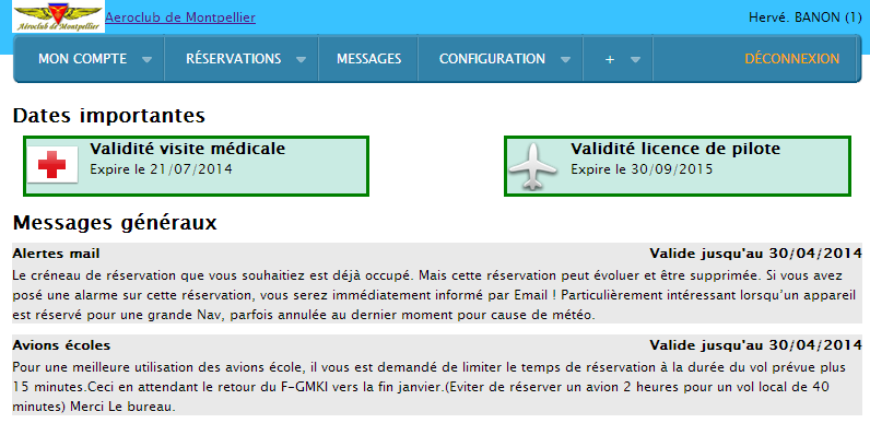 Message aéroclub après connexion